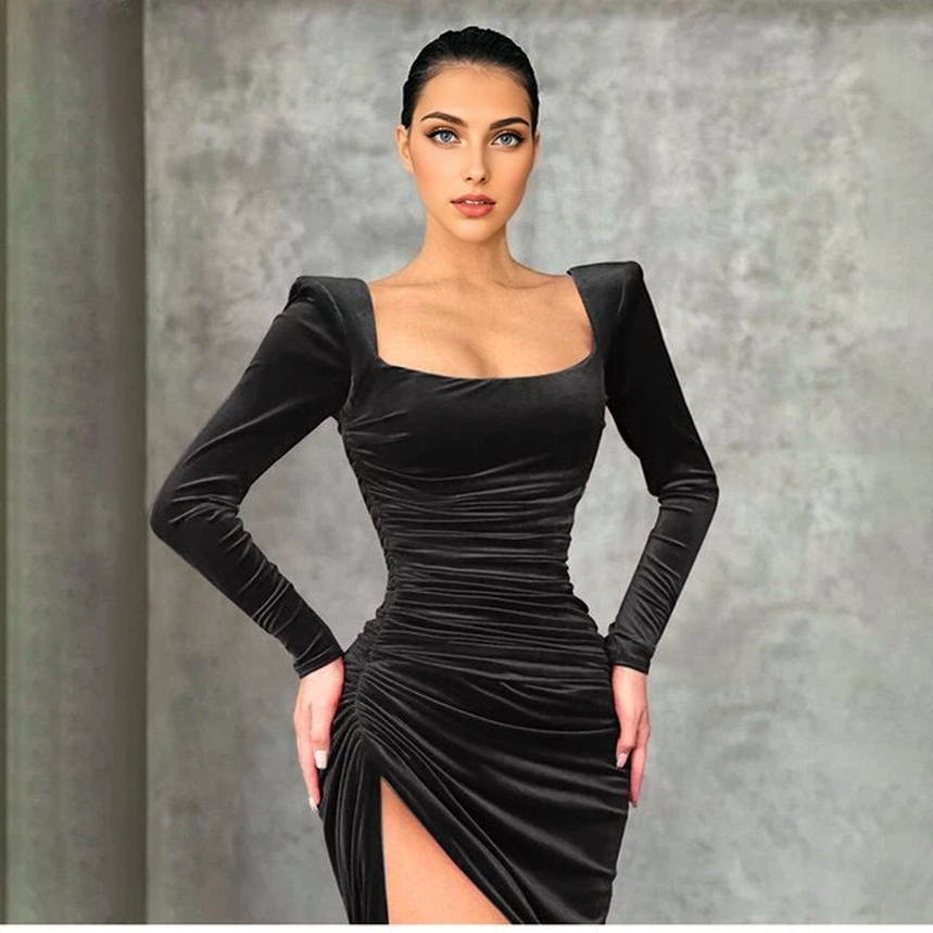 JuliaFashion - 2024 Square Neck Sexy Slit Bodycon Dress