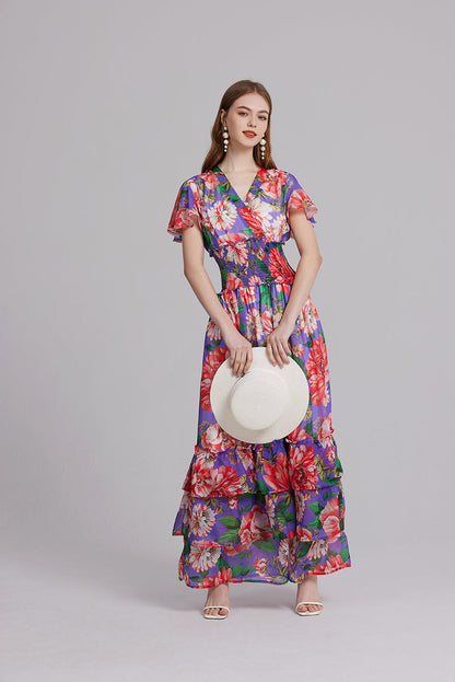 V Neck Ruffled Short Sleeve Stretch High Waisted Princess Style Print Long Dress