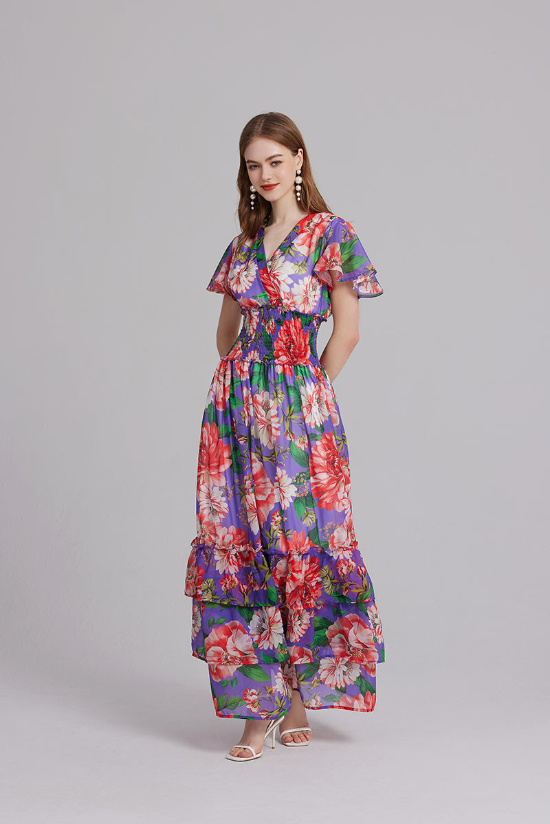 V Neck Ruffled Short Sleeve Stretch High Waisted Princess Style Print Long Dress