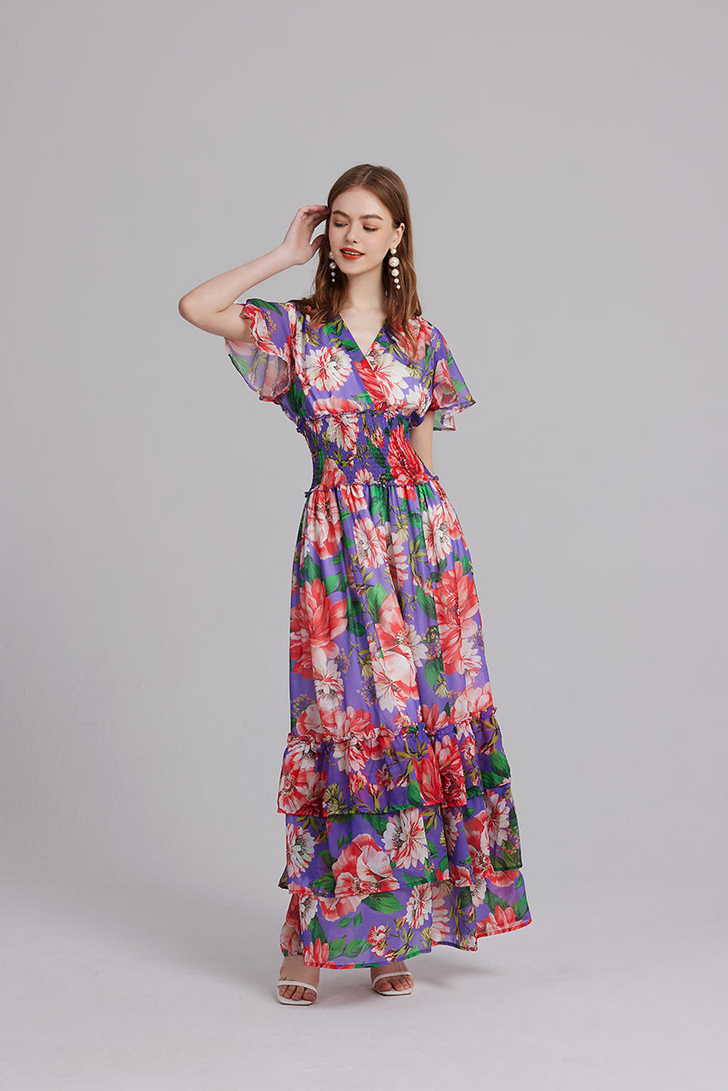 V Neck Ruffled Short Sleeve Stretch High Waisted Princess Style Print Long Dress