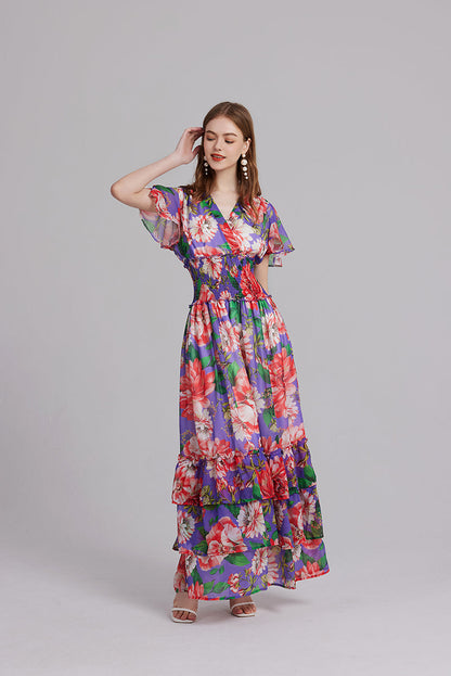 V Neck Ruffled Short Sleeve Stretch High Waisted Princess Style Print Long Dress