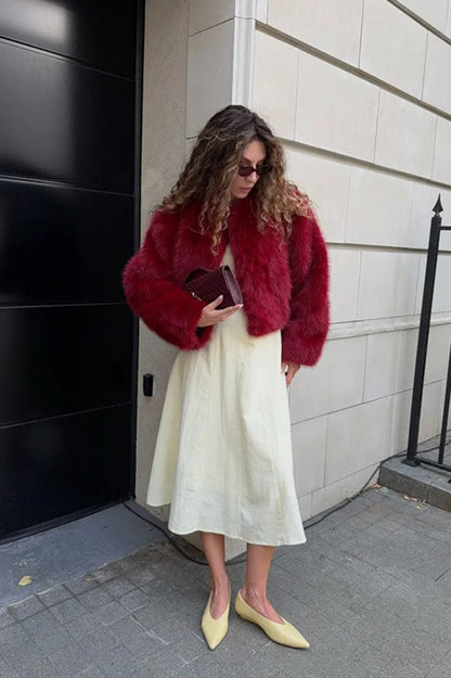 Faux Fur Blend Red Christmas Outerwear
