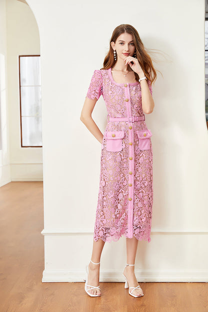 Solid Color Lace Button Dress