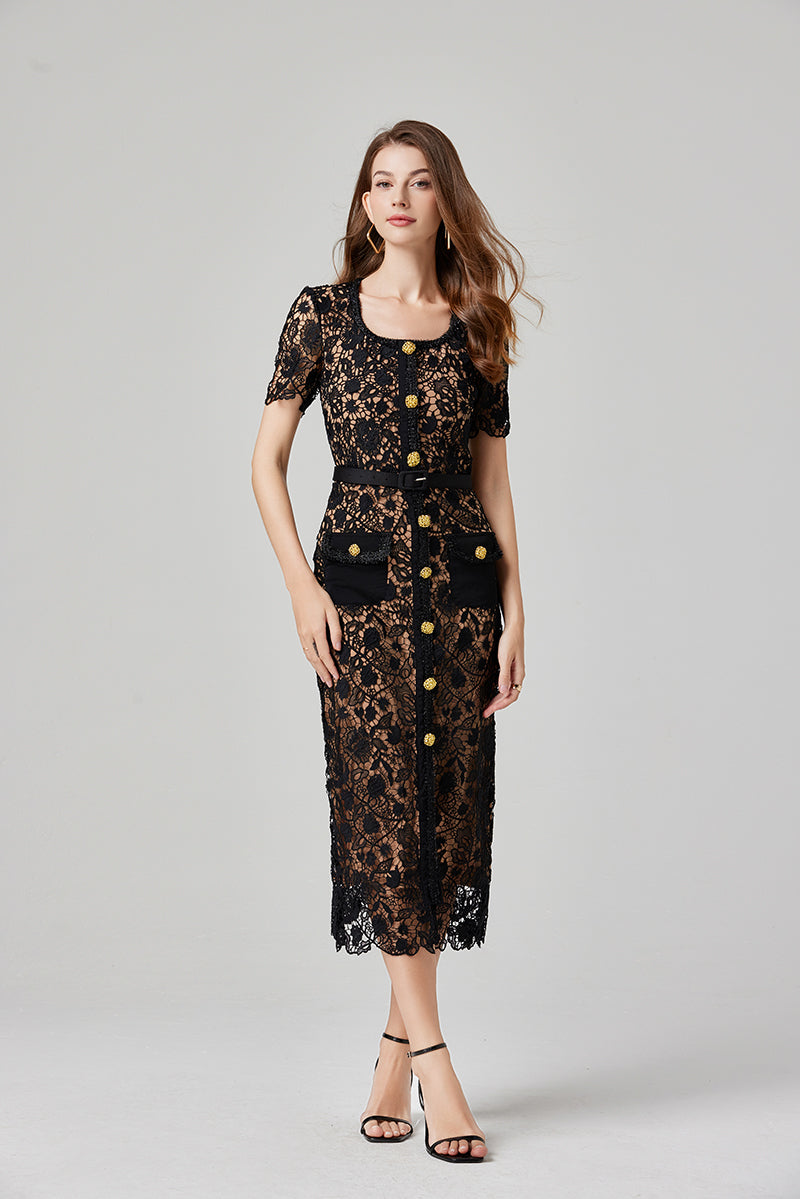 Solid Color Lace Button Dress