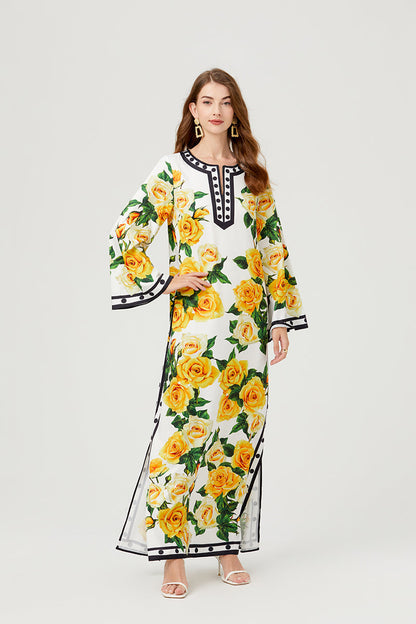 Fall Button Floral Elegant A Line Maxi Dress