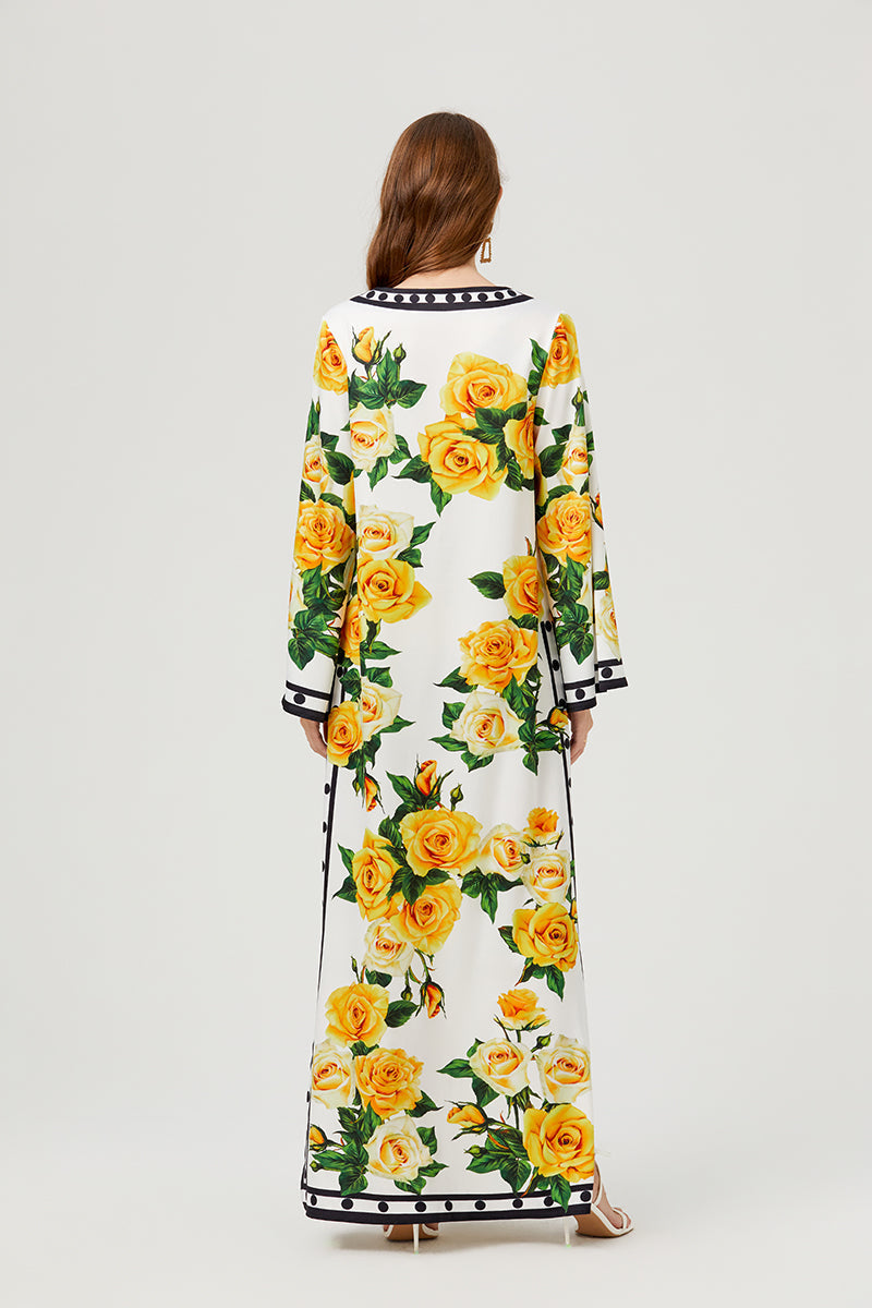 Fall Button Floral Elegant A Line Maxi Dress