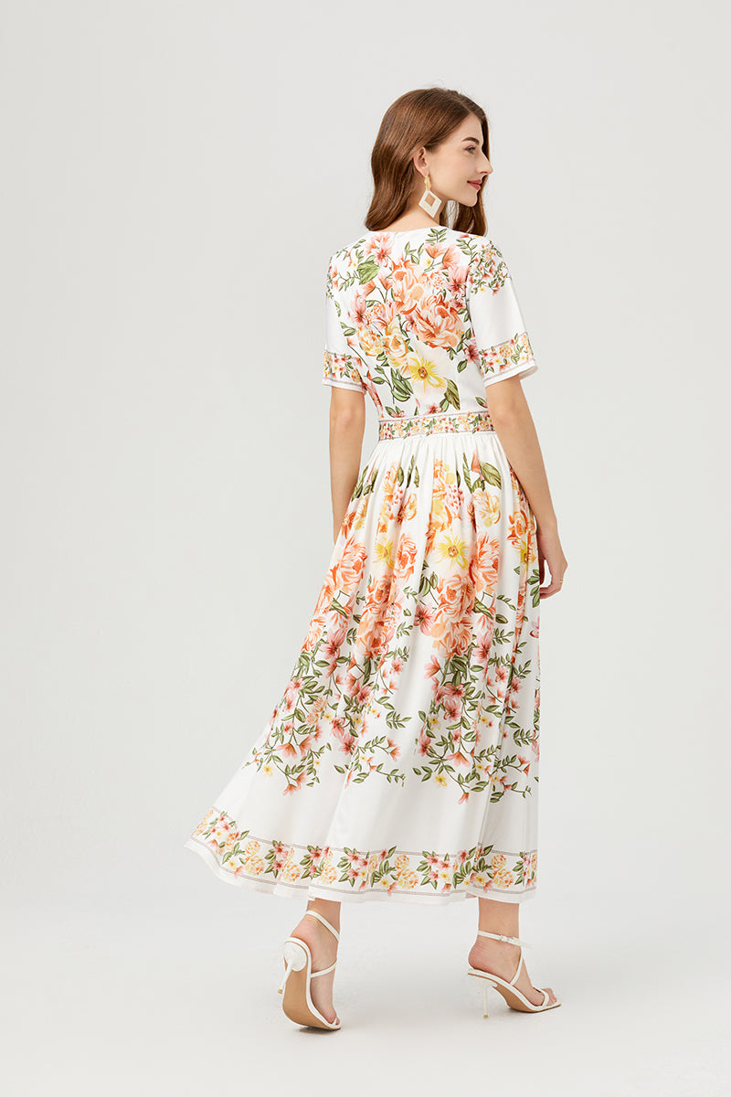 Floral Short Sleeve A Line Elegant Dress