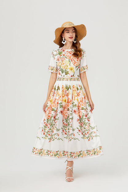 Floral Short Sleeve A Line Elegant Dress