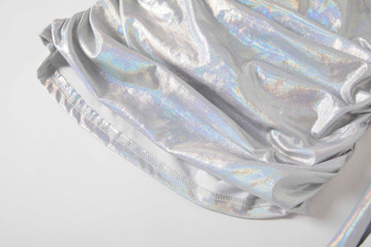 Slant Shoulder Asymmetrical Design Pleated Slim Fit Hip Silver Dress