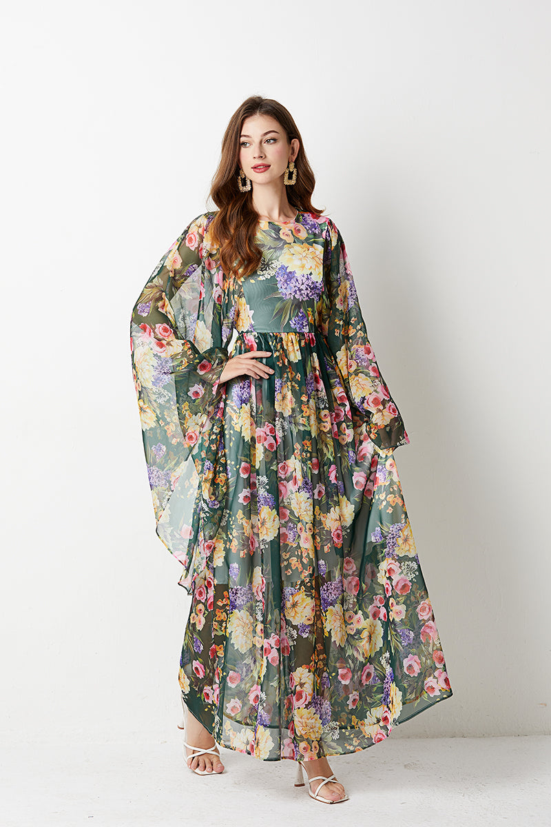 Long Sleeve Loose Print A Line Maxi Dress