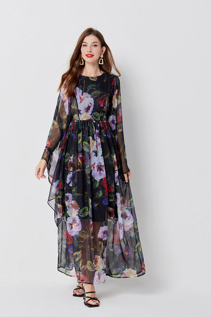 Long Sleeve Loose Print A Line Maxi Dress