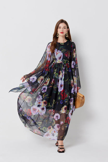 Long Sleeve Loose Print A Line Maxi Dress
