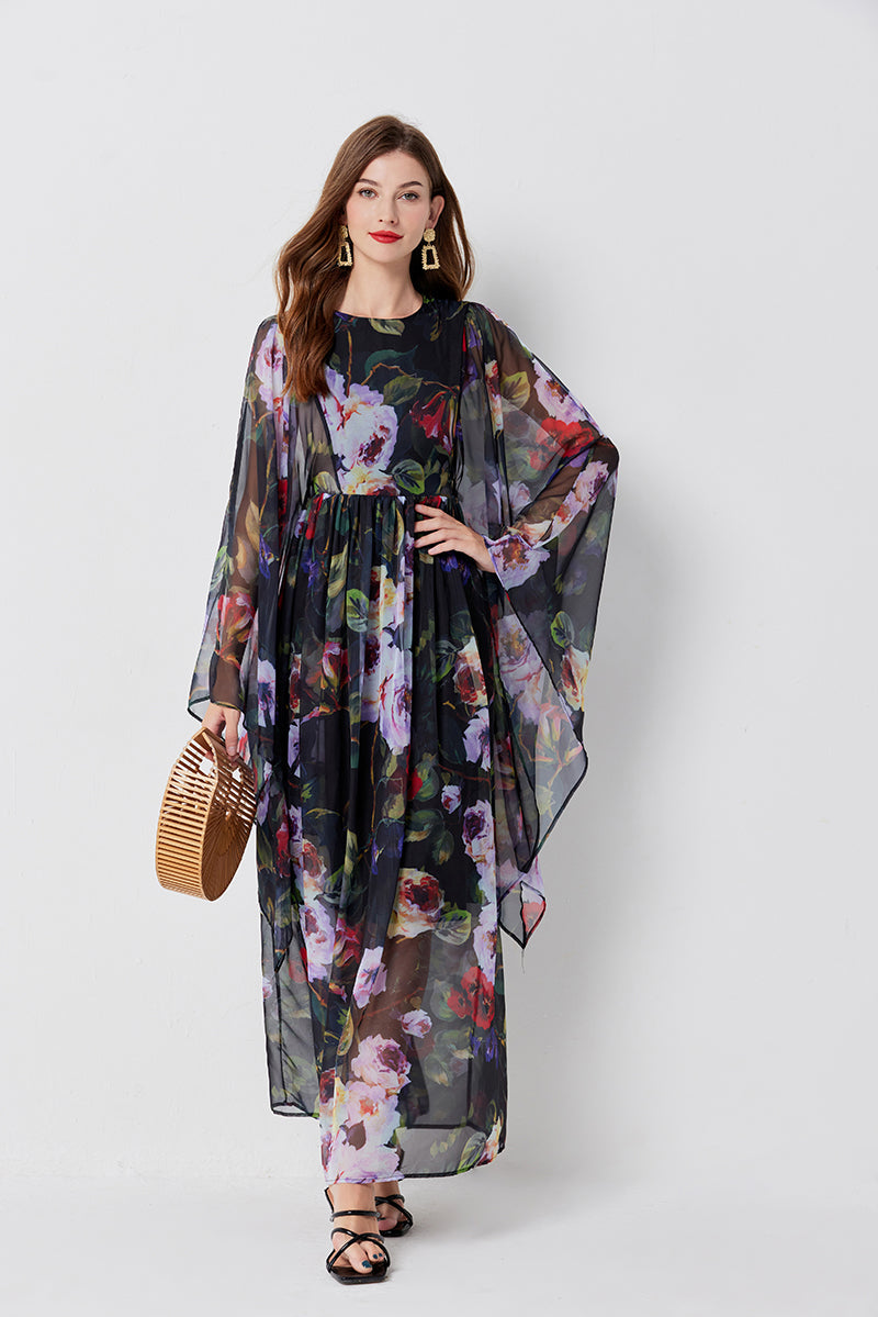 Long Sleeve Loose Print A Line Maxi Dress