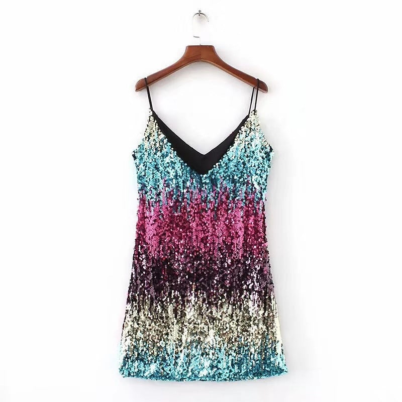Dress Sleeveless Sequined V neck Strap