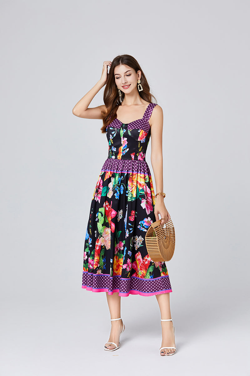 Positioning Vintage Printed Three Dimensional Strapless Strap Dress Back Rubber Strap High Waist Dress