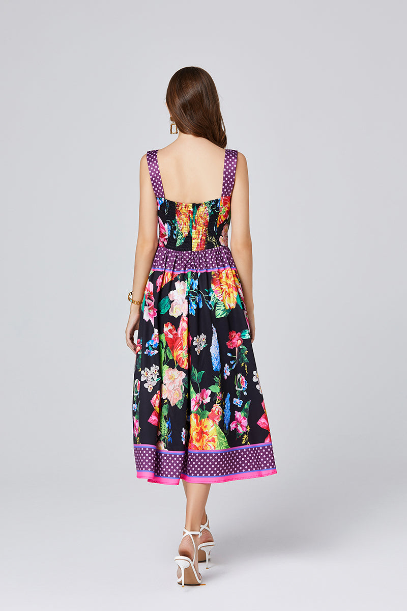 Positioning Vintage Printed Three Dimensional Strapless Strap Dress Back Rubber Strap High Waist Dress