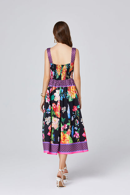 Positioning Vintage Printed Three Dimensional Strapless Strap Dress Back Rubber Strap High Waist Dress