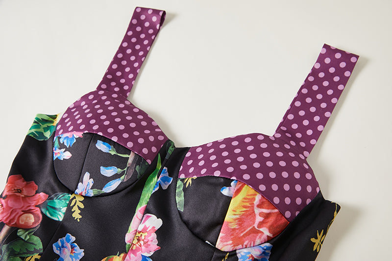 Positioning Vintage Printed Three Dimensional Strapless Strap Dress Back Rubber Strap High Waist Dress