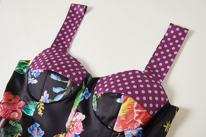 Positioning Vintage Printed Three Dimensional Strapless Strap Dress Back Rubber Strap High Waist Dress