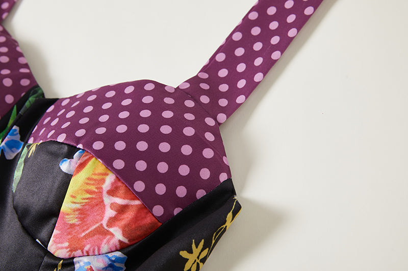 Positioning Vintage Printed Three Dimensional Strapless Strap Dress Back Rubber Strap High Waist Dress