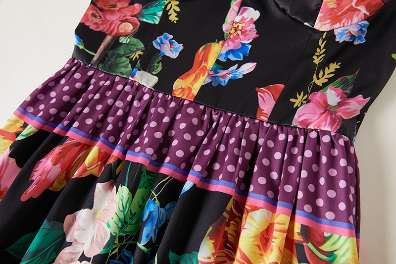 Positioning Vintage Printed Three Dimensional Strapless Strap Dress Back Rubber Strap High Waist Dress