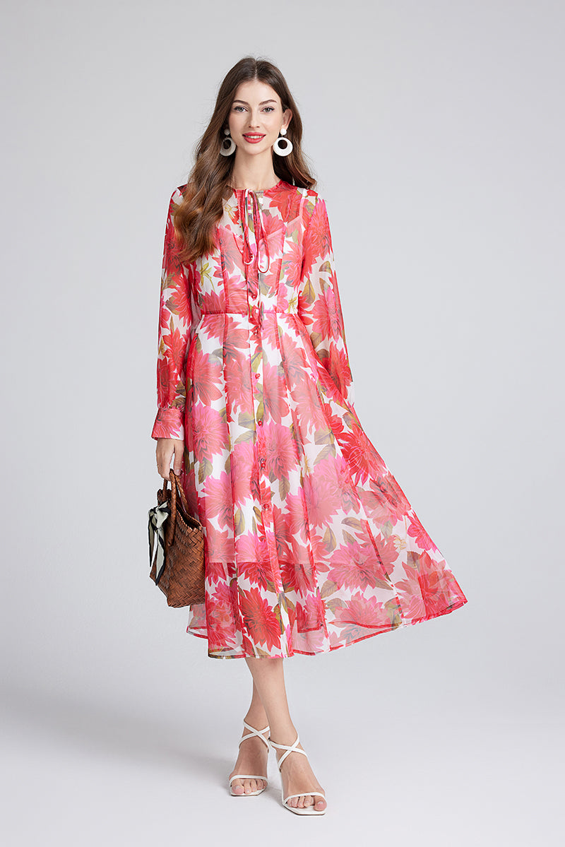 Gorgeous Red Flower Print Elegant High End Dress Sling Set