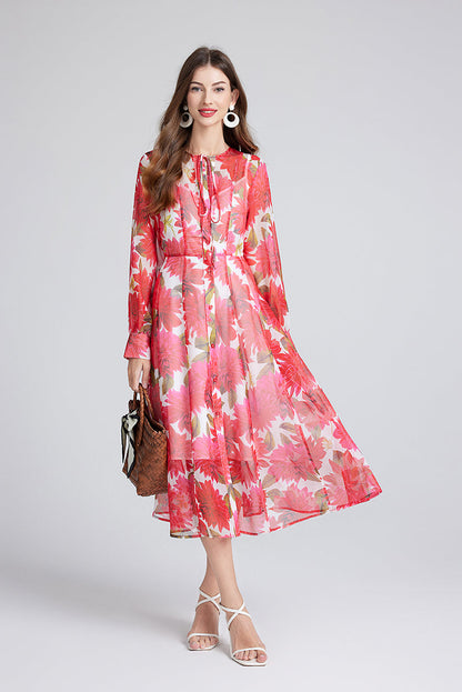 Gorgeous Red Flower Print Elegant High End Dress Sling Set