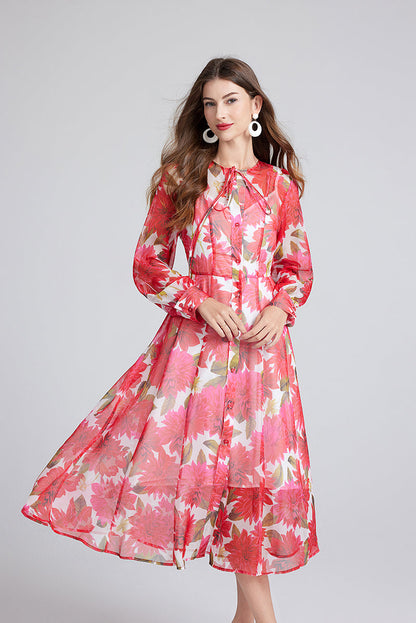 Gorgeous Red Flower Print Elegant High End Dress Sling Set