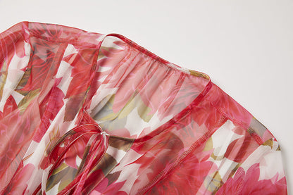 Gorgeous Red Flower Print Elegant High End Dress Sling Set