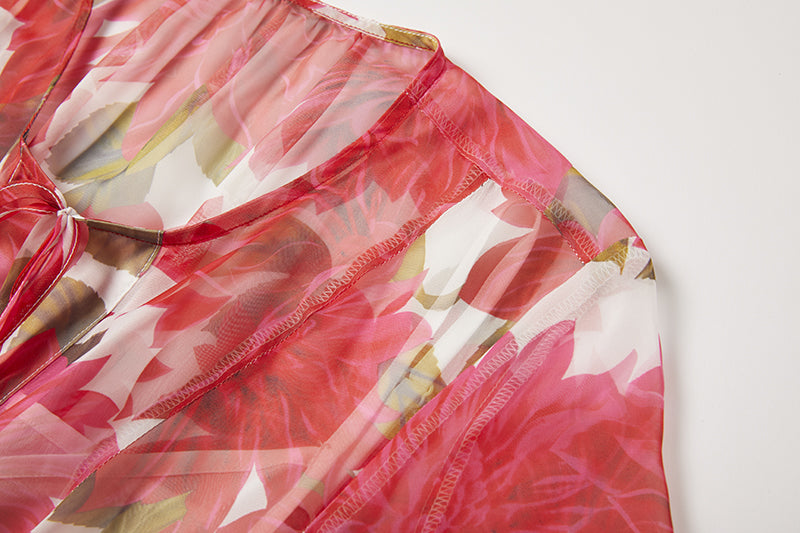 Gorgeous Red Flower Print Elegant High End Dress Sling Set