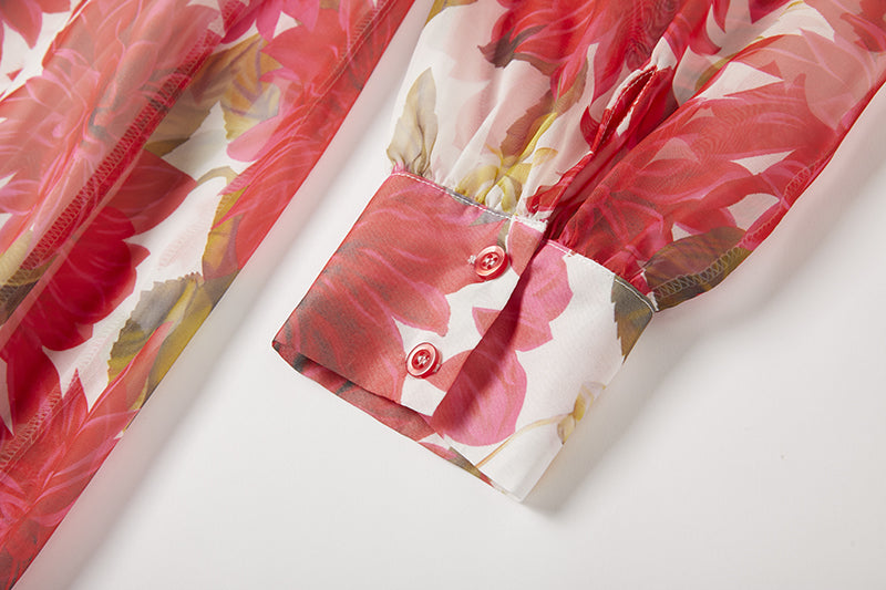 Gorgeous Red Flower Print Elegant High End Dress Sling Set