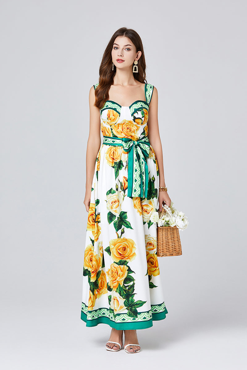 Printed Three Dimensional Chest Pad Sling Dress Slim Fit High Waist Large Swing Dress