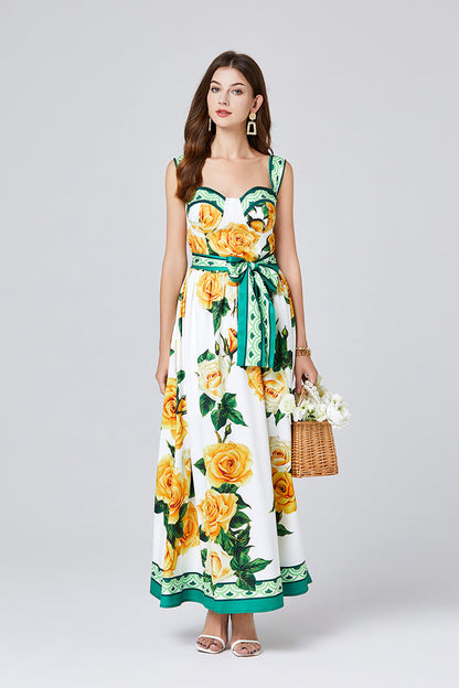 Printed Three Dimensional Chest Pad Sling Dress Slim Fit High Waist Large Swing Dress