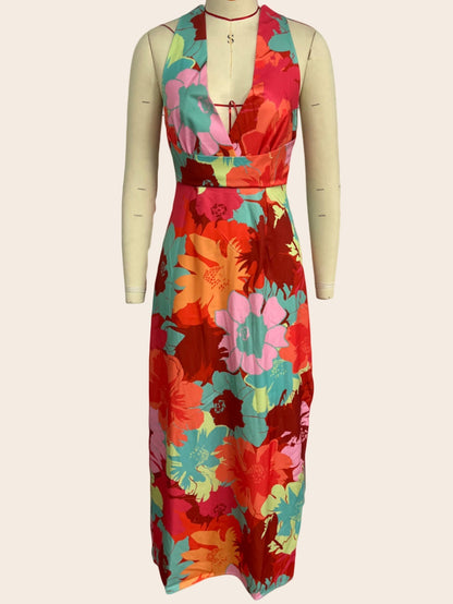 Casual V neck Printed Lace up Mid Length Dress