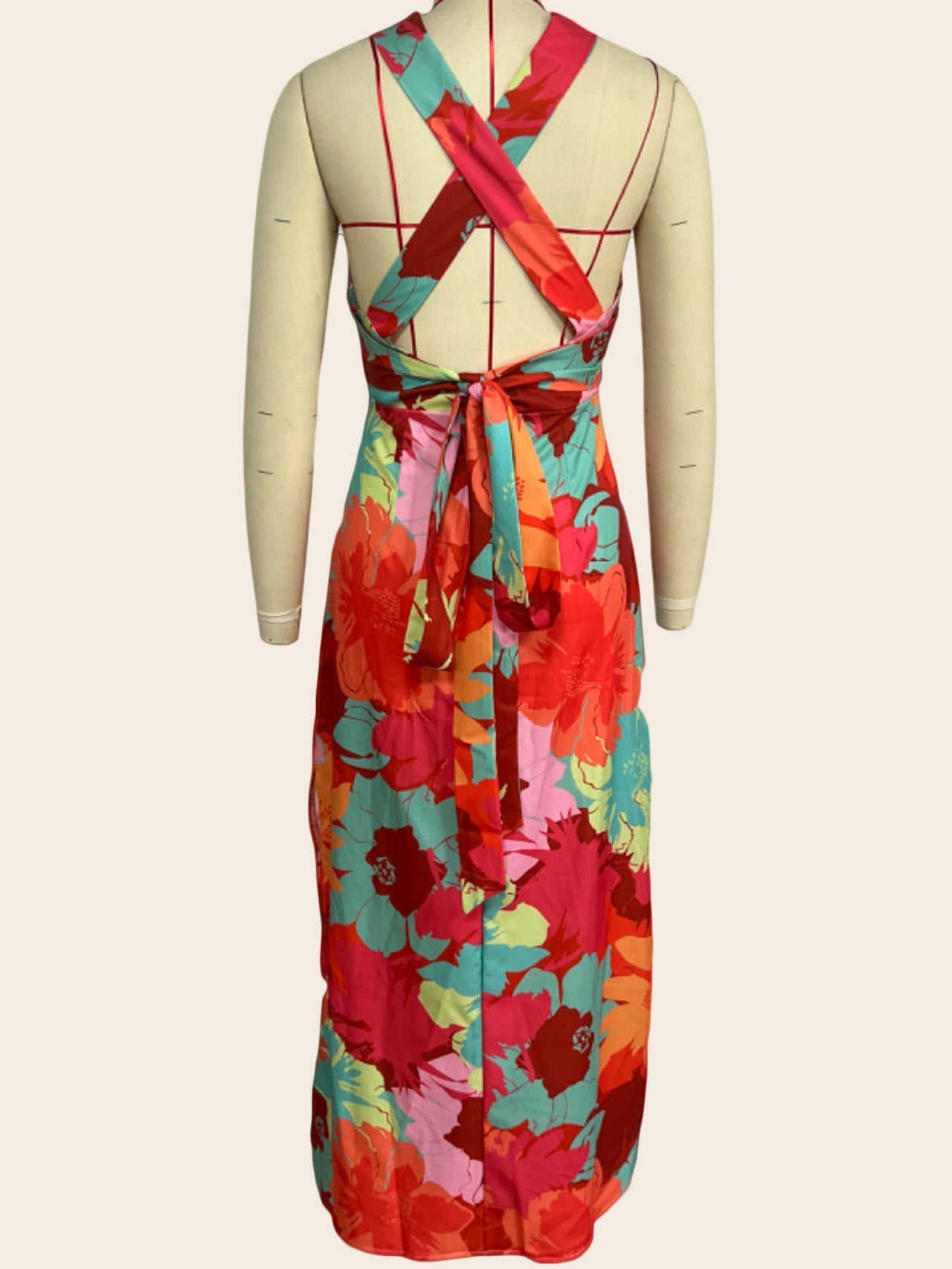 Casual V neck Printed Lace up Mid Length Dress