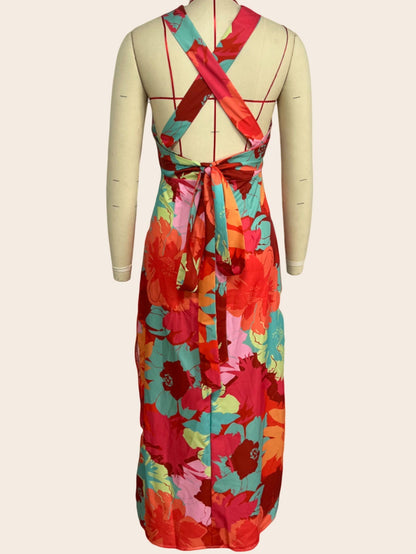 Casual V neck Printed Lace up Mid Length Dress