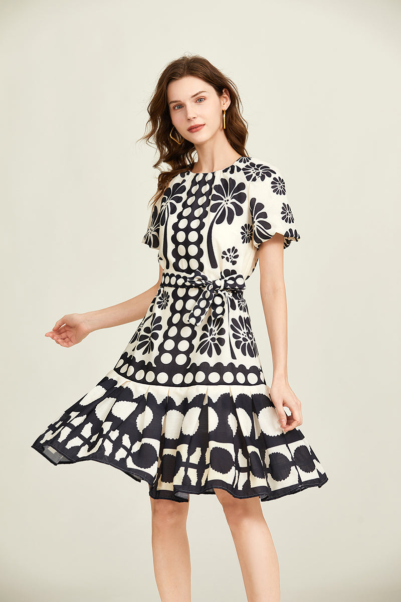 Elegant Crew Neck Short Sleeve Belted A Line Dress