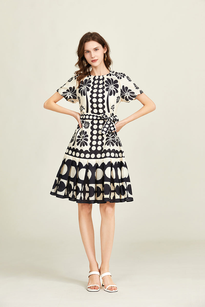 Elegant Crew Neck Short Sleeve Belted A Line Dress