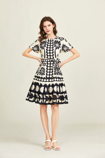 Elegant Crew Neck Short Sleeve Belted A Line Dress