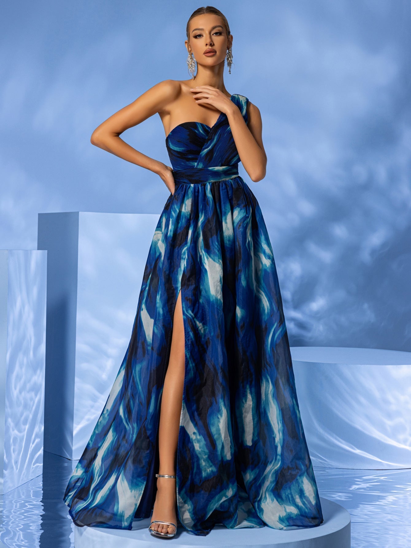 One Shoulder Maxi Dress Tie Dye Print Sleeveless Vacation Split Elegant Dress