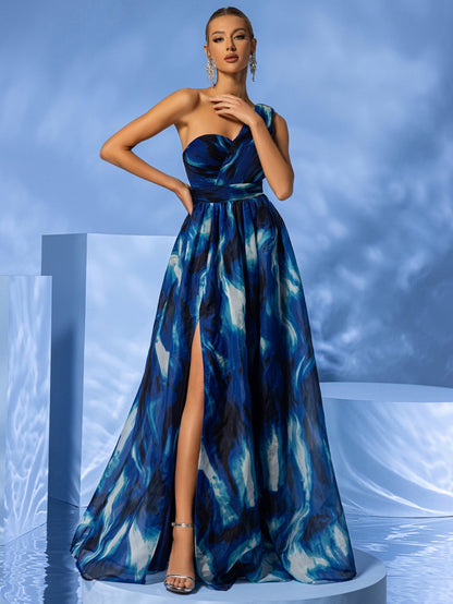 One Shoulder Maxi Dress Tie Dye Print Sleeveless Vacation Split Elegant Dress