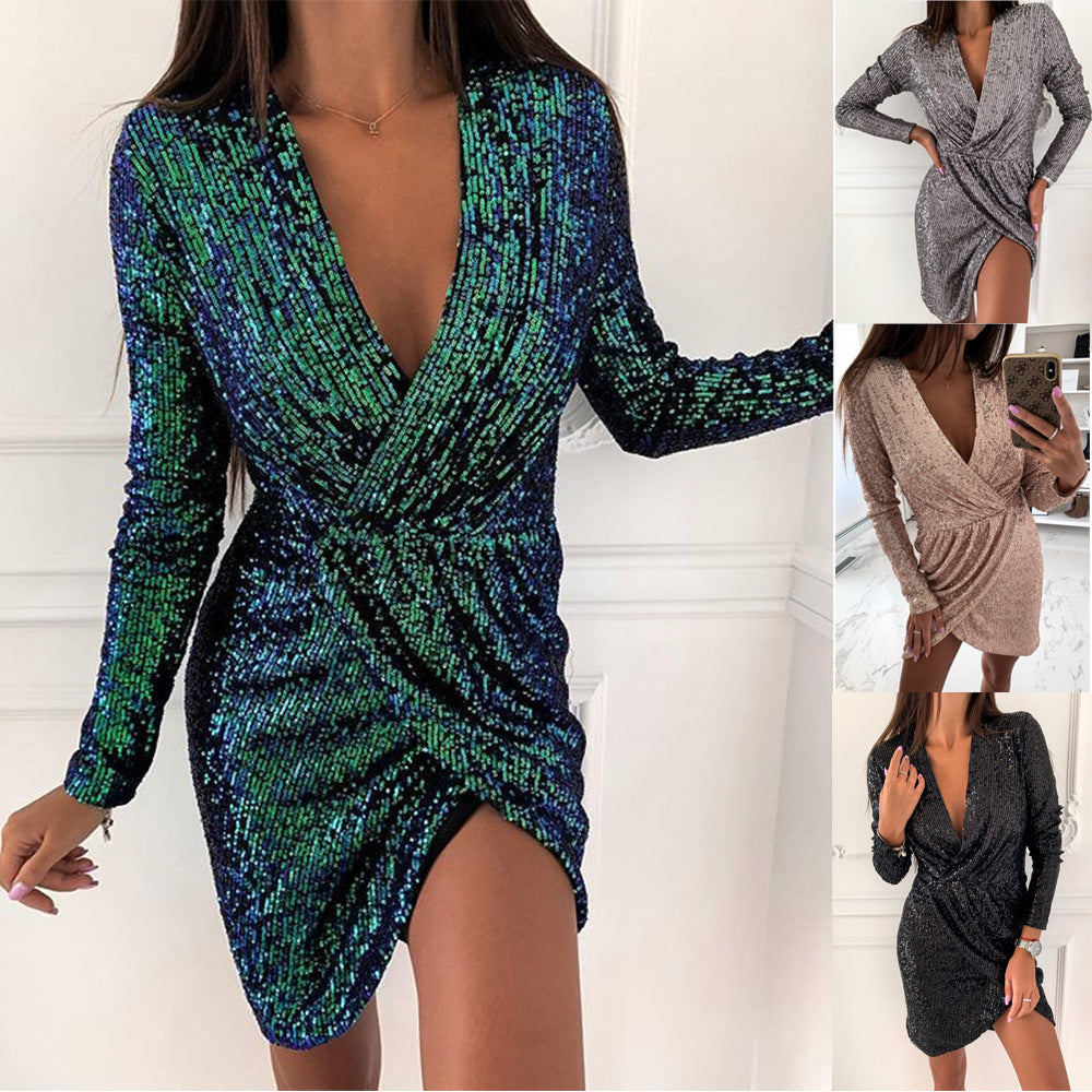Beaded Dress Long Sleeve V-neck Mini Dress
