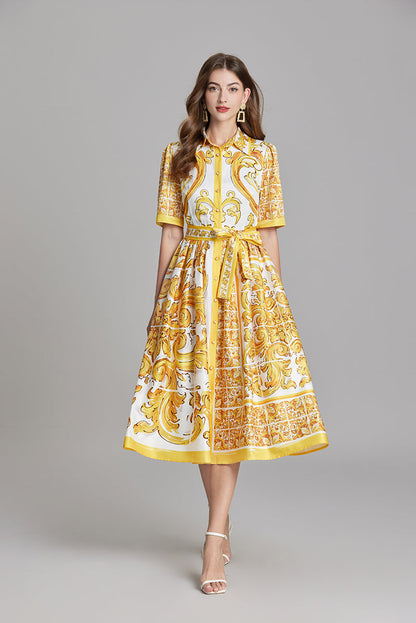 Printed Belted Button A Line Dress