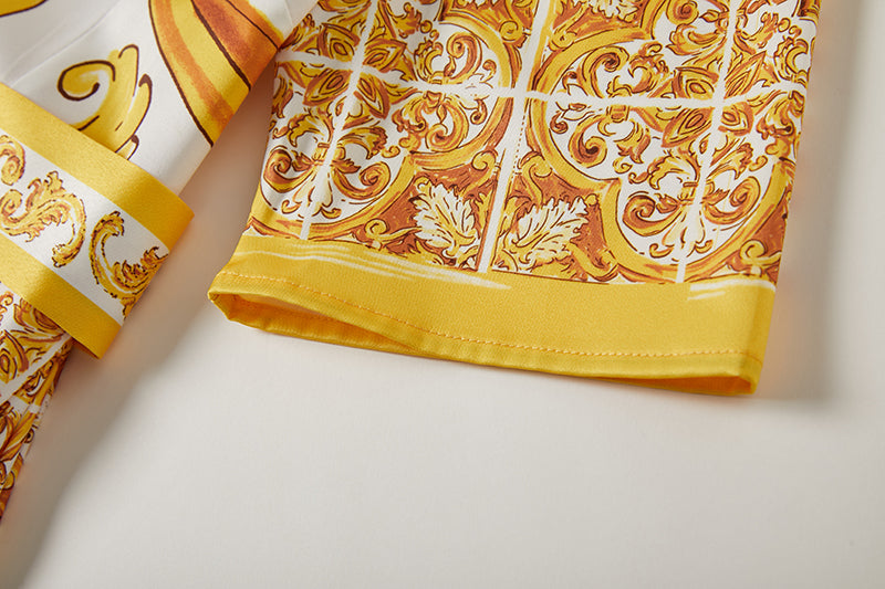 Printed Belted Button A Line Dress