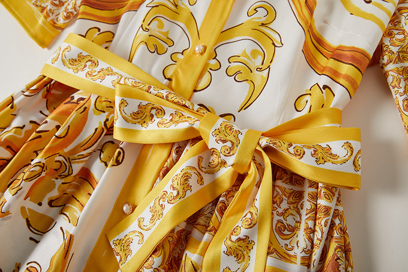 Printed Belted Button A Line Dress