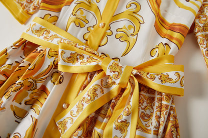 Printed Belted Button A Line Dress