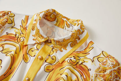 Printed Belted Button A Line Dress