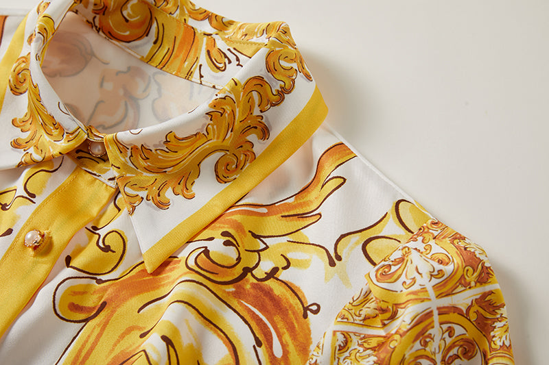 Printed Belted Button A Line Dress