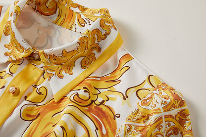 Printed Belted Button A Line Dress