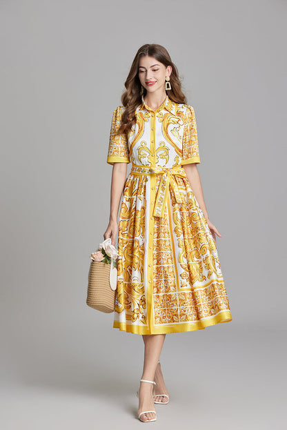 Printed Belted Button A Line Dress